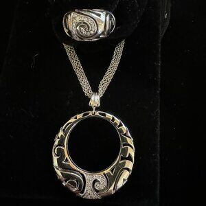 Pierre Cardin Sterling Silver P Medallion Necklace and Ring Set New with Tags